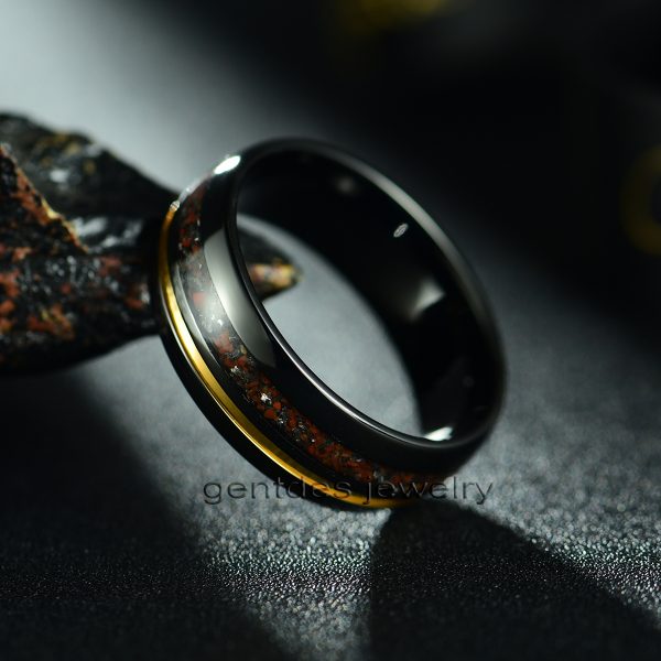 Dinosaur Bone Ring, Meteorite Ring, Tungsten Carbide Ring, Mens Wedding Ring, Matt Black Ring, 8MM Engagement Bands - 图片 2