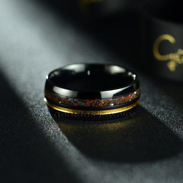 Dinosaur Bone Ring, Meteorite Ring, Tungsten Carbide Ring, Mens Wedding Ring, Matt Black Ring, 8MM Engagement Bands - 图片 3