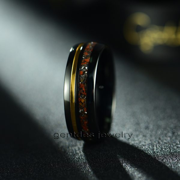 Dinosaur Bone Ring, Meteorite Ring, Tungsten Carbide Ring, Mens Wedding Ring, Matt Black Ring, 8MM Engagement Bands - 图片 4