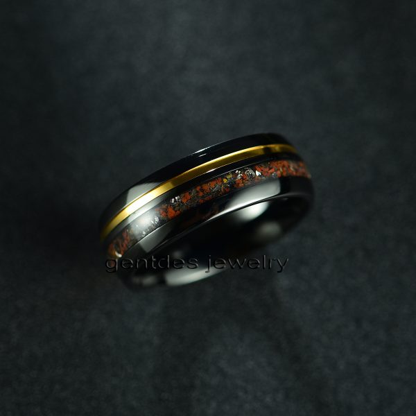 Dinosaur Bone Ring, Meteorite Ring, Tungsten Carbide Ring, Mens Wedding Ring, Matt Black Ring, 8MM Engagement Bands - 图片 5