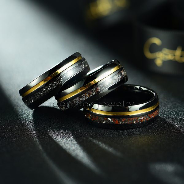 Dinosaur Bone Ring, Meteorite Ring, Tungsten Carbide Ring, Mens Wedding Ring, Matt Black Ring, 8MM Engagement Bands - 图片 6