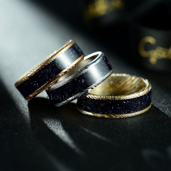 8MM Mens Ring, Gold Hammered Damascus Steel Ring, Yellow gold Steel Band, Purple Sandstone Ring, Engagement Ring Men - 图片 6