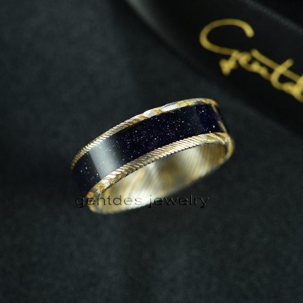 Damascus Steel Ring, Gold And Silver Ring, Violet Arenaceous Stone Ring, Anniversary Ring, Mens Wedding Ring, 8MM Engagement Bands - 图片 5