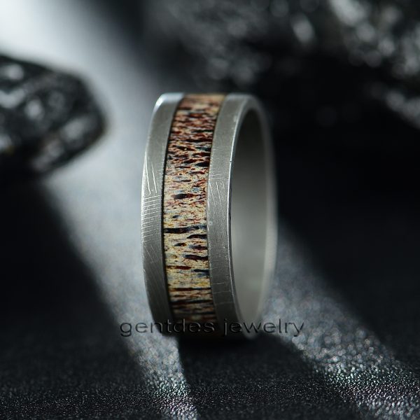 Antler Damascus Ring, Custom Ring, Antler Ring, 8MM Comfort Fit, Mens Wedding Band - 图片 2