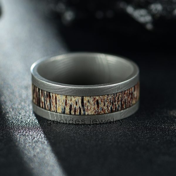 Antler Damascus Ring, Custom Ring, Antler Ring, 8MM Comfort Fit, Mens Wedding Band - 图片 3