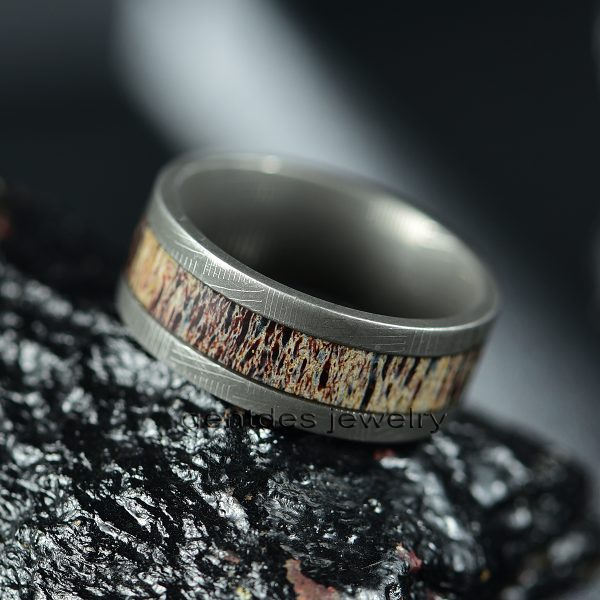 Antler Damascus Ring, Custom Ring, Antler Ring, 8MM Comfort Fit, Mens Wedding Band - 图片 5