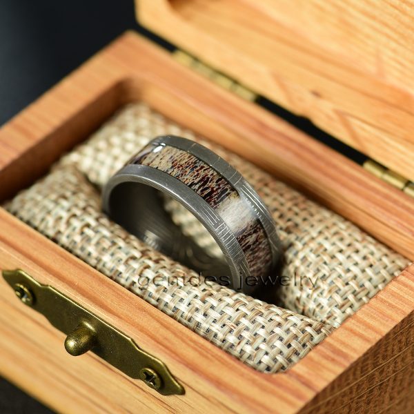 Antler Damascus Ring, Custom Ring, Antler Ring, 8MM Comfort Fit, Mens Wedding Band - 图片 6