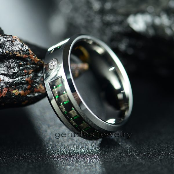 Silver Beveled Edge Tungsten Ring, Zircon Inlay Men's Ring, Carbon Fiber Ring, Wedding Band - 图片 4