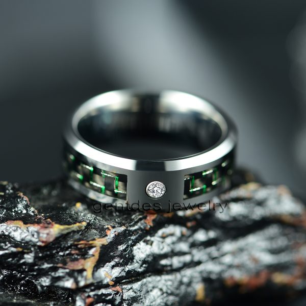 Silver Beveled Edge Tungsten Ring, Zircon Inlay Men's Ring, Carbon Fiber Ring, Wedding Band - 图片 3