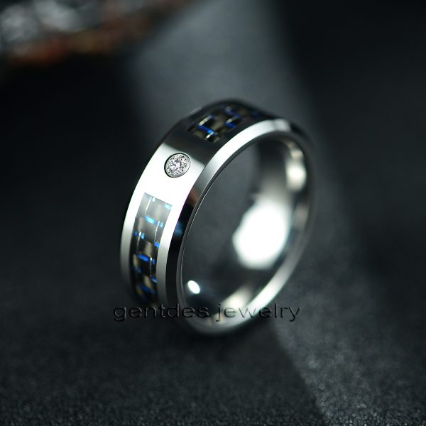 Tungsten Ring 8mm Sliver, Blue Carbon Fiber , Wedding Ring Mens, Engagement Promise Gift - 图片 3