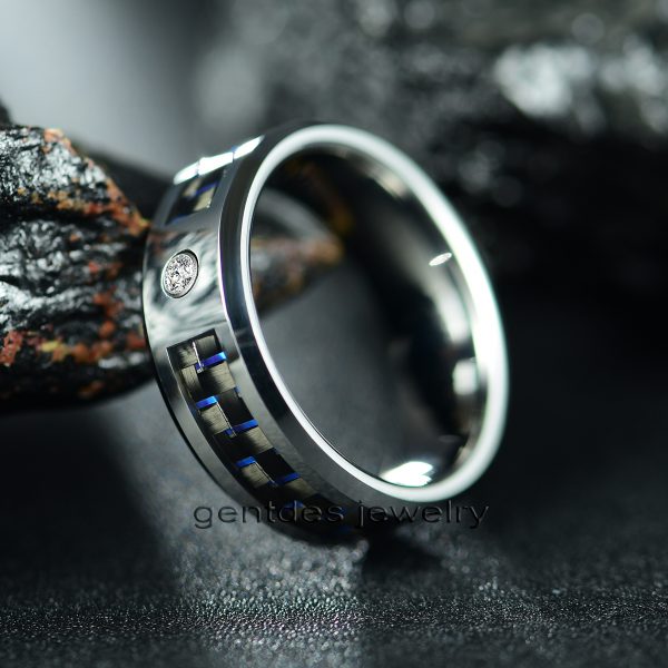 Tungsten Ring 8mm Sliver, Blue Carbon Fiber , Wedding Ring Mens, Engagement Promise Gift - 图片 5