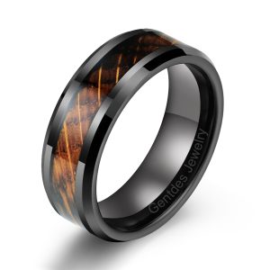 Whiskey Barrel Wood Ring, Black Tungsten Carbide 8mm Wedding Band, Comfort Fit, Promise Ring