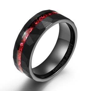 8MM Tungsten Band, Matte Brushed, Hammered Ring, Crushed Red Glass Stones, Wedding Band