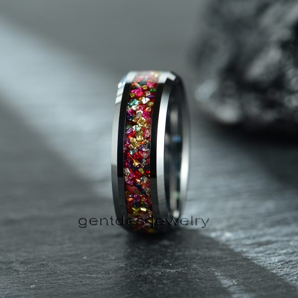 Colorful Zircon Ring, Cz Wedding Bands, Silver Tungsten Ring, 8MM Mens Engagement Ring, Beveled Edge Ring - 图片 4