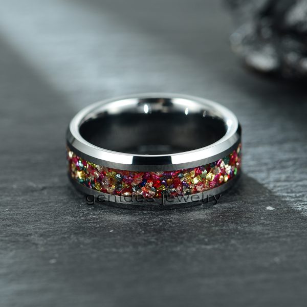 Colorful Zircon Ring, Cz Wedding Bands, Silver Tungsten Ring, 8MM Mens Engagement Ring, Beveled Edge Ring - 图片 3
