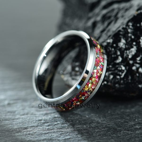 Colorful Zircon Ring, Cz Wedding Bands, Silver Tungsten Ring, 8MM Mens Engagement Ring, Beveled Edge Ring - 图片 2