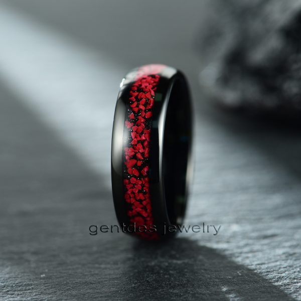 8MM Ceramic Ring, Comfort Fit, High Polish, Crushed Red Stone Ring, Wedding Bands Ring, Mens Ring - 图片 4