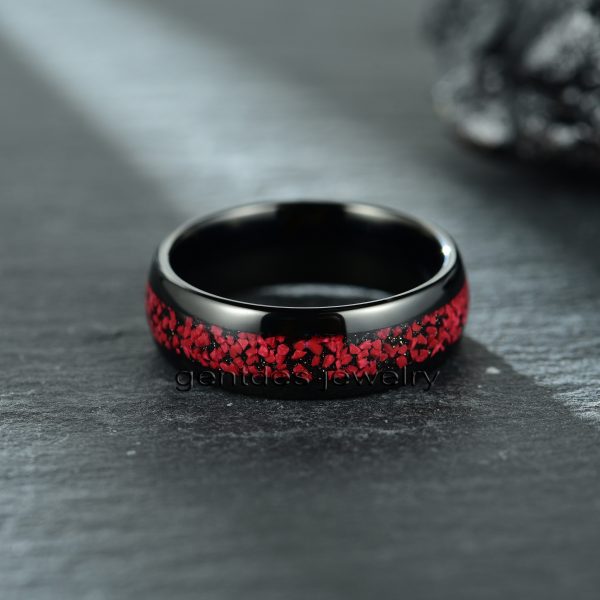 8MM Ceramic Ring, Comfort Fit, High Polish, Crushed Red Stone Ring, Wedding Bands Ring, Mens Ring - 图片 3