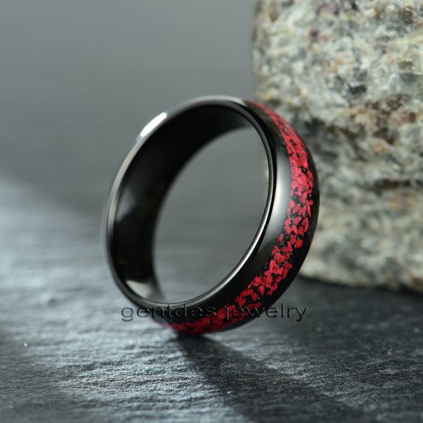 8MM Ceramic Ring, Comfort Fit, High Polish, Crushed Red Stone Ring, Wedding Bands Ring, Mens Ring - 图片 2