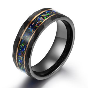 Opal Ring, Black Tungsten Ring, Hammered Texture Ring, Step-down Edge Ring, Wedding Bands Ring, Gift For Him