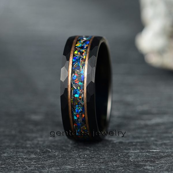 Opal Ring, Black Tungsten Ring, Hammered Texture Ring, Step-down Edge Ring, Wedding Bands Ring, Gift For Him - 图片 3