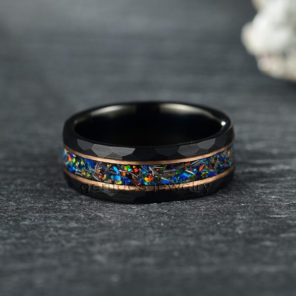 Opal Ring, Black Tungsten Ring, Hammered Texture Ring, Step-down Edge Ring, Wedding Bands Ring, Gift For Him - 图片 4