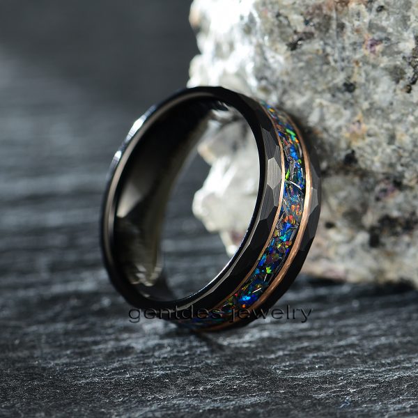 Opal Ring, Black Tungsten Ring, Hammered Texture Ring, Step-down Edge Ring, Wedding Bands Ring, Gift For Him - 图片 2