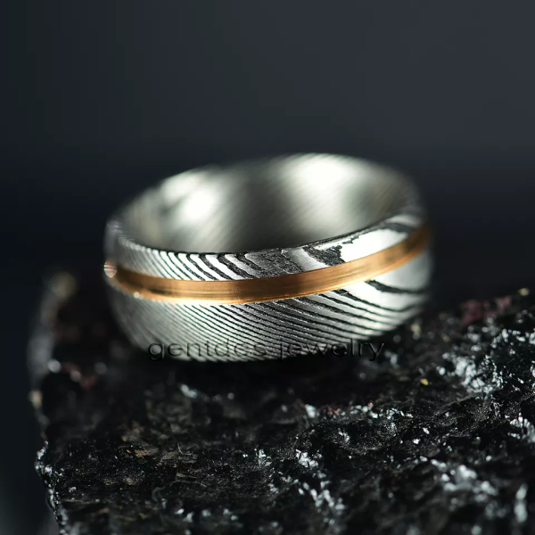 Damascus Ring, Special Texture Ring, Silver And Black Ring, Wedding Rings, Comfort Fit 8MM, Engagement Bands - 图片 2