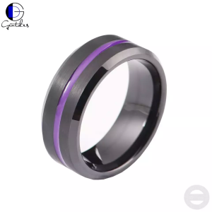 Tungsten Ring, Classic Wedding Ring, Black And Pruple Ring, Grooved Center Comfort Fit 8MM, Engagement Bands For Men