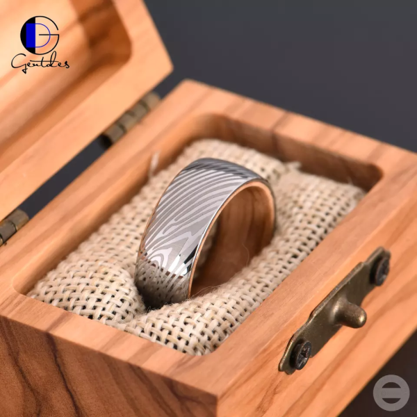 Damascus Steel Ring, Whisky Barrel Wood Ring, Men Wedding Ring, Engagement Promise Ring, Anniversary Birthday Gift, Comfort Fit 8MM - 图片 4