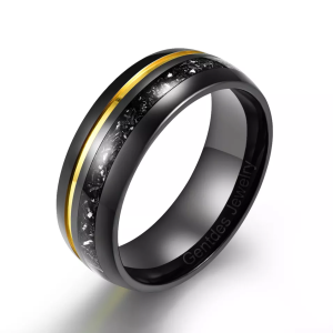 8MM Mens Ring, Black And Gold Tungsten Ring, Crushed Meteorite Ring, Wedding Band, Mens Tungsten Band
