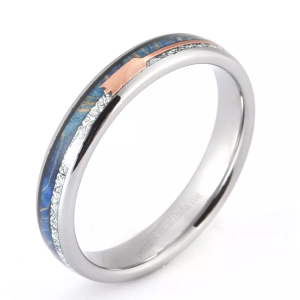 Silver Tungsten Rings, Blue Wood Wedding Bands forWomen 4mm, Artificial Meteorite Ring, Unique Men's Ring