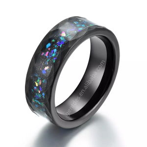 Men's Tungsten Carbide Rings, Opal Wedding Band Ring For Her, Comfort Fit, 8mm Hammered Ring