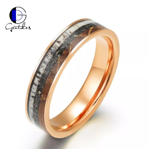 Tungsten Wedding Band, Deer Antler Ring, Crushed Meteorite Ring, Whisky Barrel Wood Ring, Rose Gold Ring, Comfort Fit 8MM, Engagement Ring