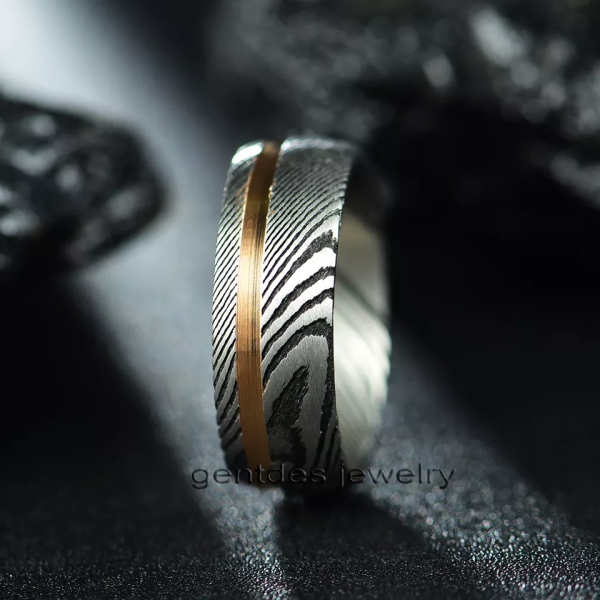 Damascus Ring, Special Texture Ring, Silver And Black Ring, Wedding Rings, Comfort Fit 8MM, Engagement Bands - 图片 4