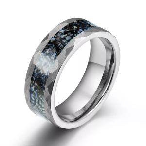 Tungsten Wedding Band, Hammered Ring, Blue Dinosaur Bone Ring, Engagement Ring men