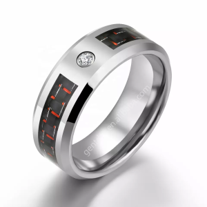 Carbon Fiber Ring, Tungsten Carbide Ring, White Cubic Zircon Ring, Mens Wedding Ring, Engagament Bands, Beveled Edge