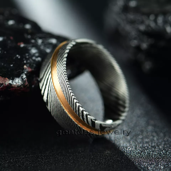 Damascus Ring, Special Texture Ring, Silver And Black Ring, Wedding Rings, Comfort Fit 8MM, Engagement Bands - 图片 3