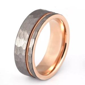 Guitar String Ring, Rose Gold And Sliver Hammered Tungsten Ring, Comfort Fit, Men's Wedding Band