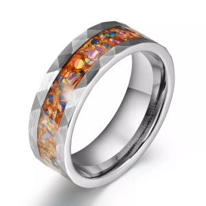 Hammered Tungsten Band, Crushed Colored Opal Ring, Mens Wedding Ring, 8MM Silver Ring, Engagement Bands