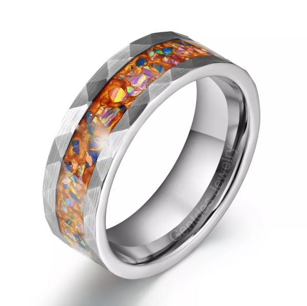 Hammered Tungsten Band, Crushed Colored Opal Ring, Mens Wedding Ring, 8MM Silver Ring, Engagement Bands