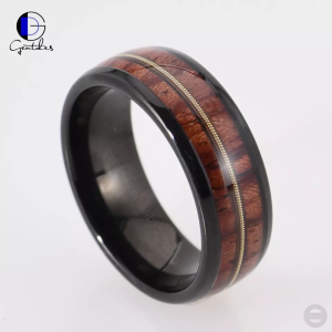 Guitar String Ring, Tungsten Carbide Ring, Wood Ring, Black 8MM Ring, Comfort Fit, Engagement Bands For Men