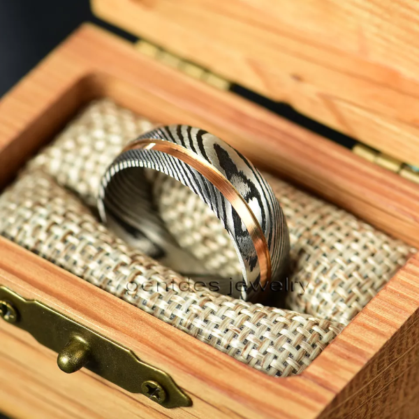 Damascus Ring, Special Texture Ring, Silver And Black Ring, Wedding Rings, Comfort Fit 8MM, Engagement Bands - 图片 6