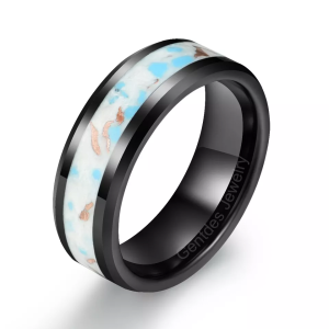 Black Tungsten Band, Comfort Fit, Gold Tinfoil And Blue Stone Inlay, Tungsten Ring Man