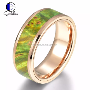 Rose Gold Tungsten Carbide Band, Green Box Elder Wood RIng, Band for Engagement, Comfort Fit Ring
