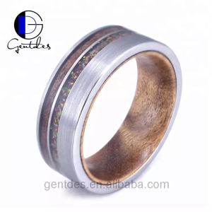 Crushed Opal Ring, Whisky Barrel Wood Ring, Wood Inner Ring, Brushed Silver Ring, Tungsten Carbide Ring, Comfort Fit, Wedding Bands For Men