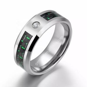 Silver Beveled Edge Tungsten Ring, Zircon Inlay Men's Ring, Carbon Fiber Ring, Wedding Band