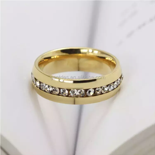 Womens Titanium CZ Eternity Wedding Band, Titanium Steel Ring, Gold Ring, Comfort Fit, High Polish, Unisex Wedding Ring - 图片 2