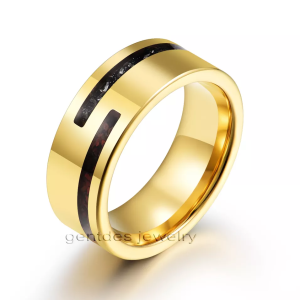 Gold Tungsten Band,  Crushed Meteorite And Dinosaur Bone Ring, High Polished, 8MM Mens Engagement Ring