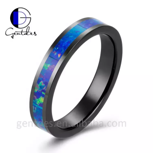 Created-Opal Inlay Wedding Band Rings, 4MM Black Tungsten Ring, Engagement Band, High Polished Finish 